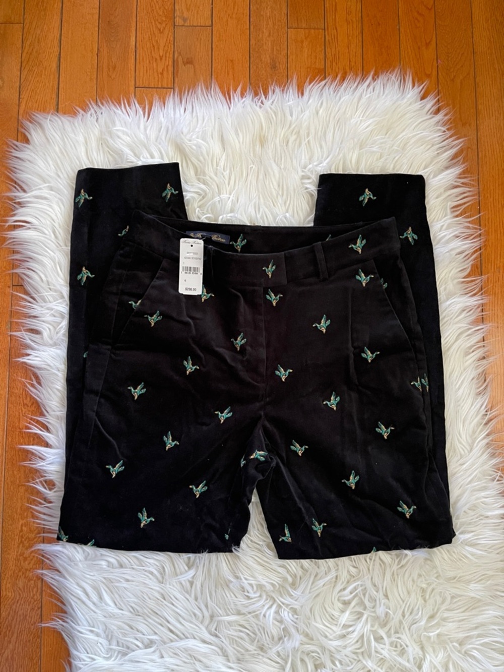 NWT Brooks Brothers Velvet Duck Embroidered Trousers Black Preppy Pants Size 6
